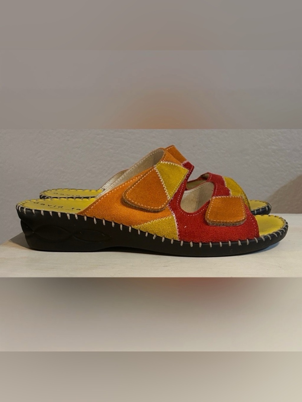 David Tate retro slide sandals, red/yellow/orange, women’s size 10N.